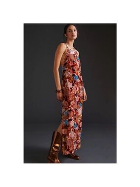Anthropologie Floral Slip Maxi Dress in Rust, Pink & Blue